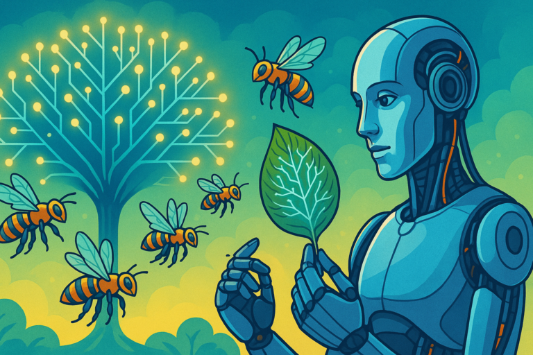 Illustration of artificial intelligence inspired by nature, featuring a glowing neural network shaped like a tree, robotic bees working together, and a humanoid robot studying a leaf