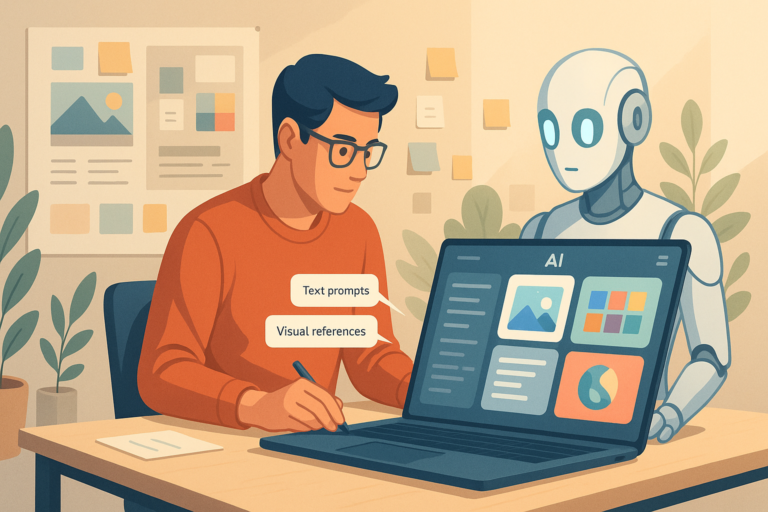 Illustration of a designer in a modern studio using a laptop to create AI prompts and design mockups, surrounded by mood boards and creative tools