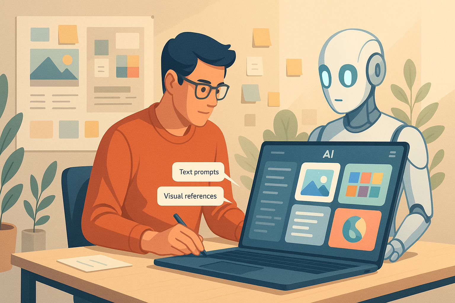 Illustration of a designer in a modern studio using a laptop to create AI prompts and design mockups, surrounded by mood boards and creative tools