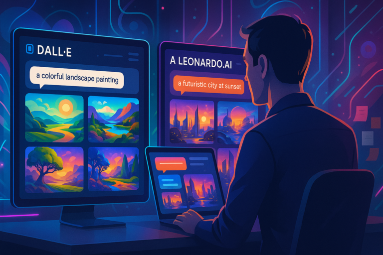 Illustration of a designer in a modern workspace comparing DALL·E and Leonardo AI interfaces side by side, with creative images displayed on both screens