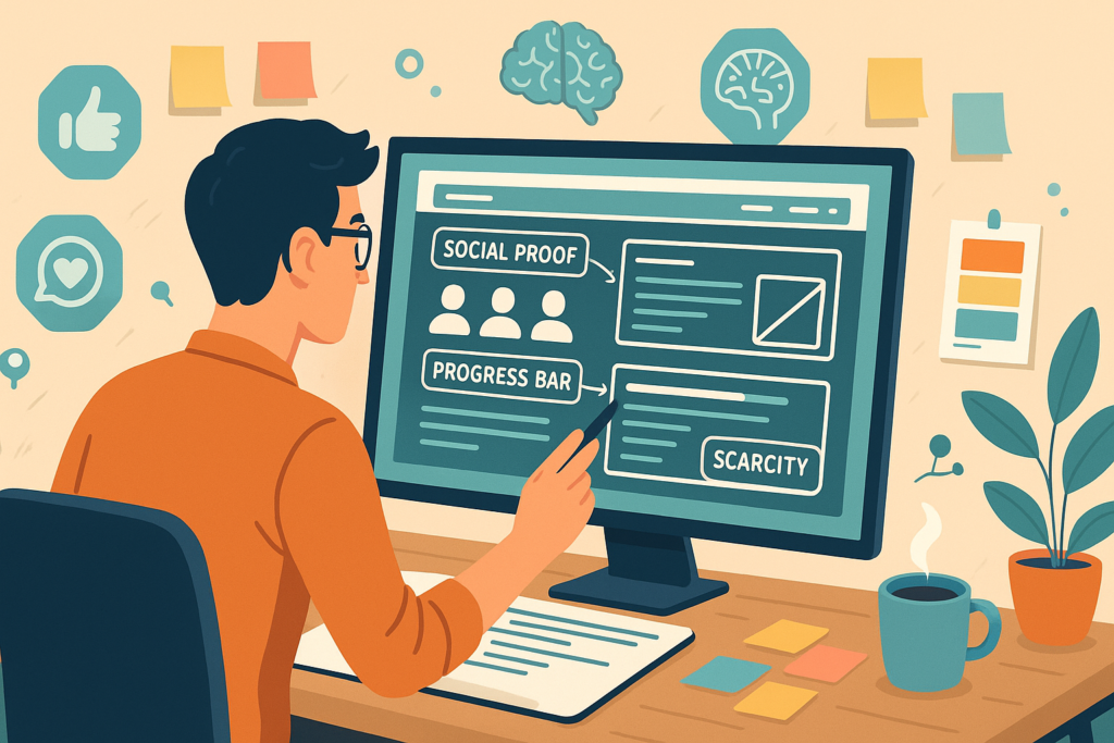 Illustration of a UX designer in a modern workspace reviewing a website wireframe with annotations showing psychological techniques like social proof, progress bars, and scarcity messaging
