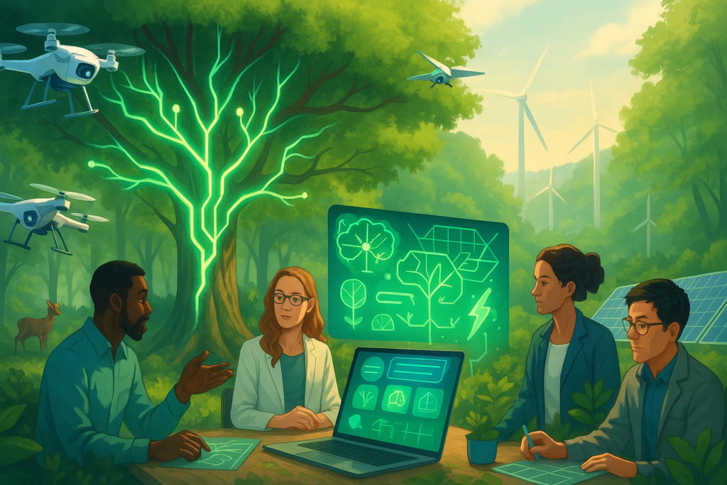Illustration of AI technology merging with nature, showing a neural network shaped like a tree connecting to a forest, with scientists and drones collaborating on biomimicry innovations