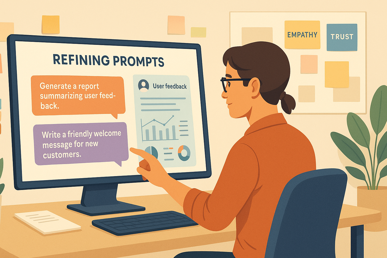 Illustration of a UX designer refining prompts on a touchscreen interface with examples, user feedback, and analytics in a modern creative workspace