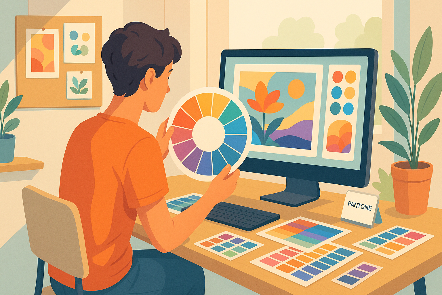 Illustration of a graphic designer reviewing a color wheel and vibrant design project in a bright studio surrounded by swatches and mood boards
