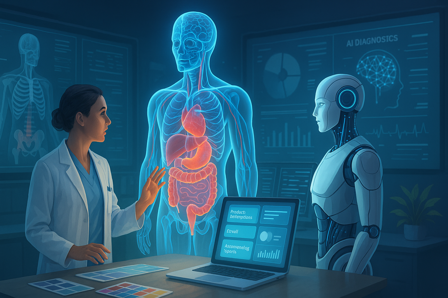Illustration of a medical professional and an AI system analyzing a 3D holographic model of the human body with detailed anatomical data and diagnostics