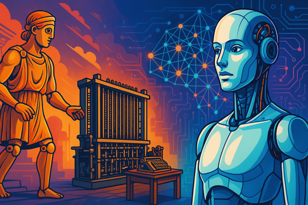 Illustration depicting the history of artificial intelligence, showing an ancient Greek automaton evolving into a 19th-century mechanical computer and finally a futuristic humanoid robot with neural networks in the background