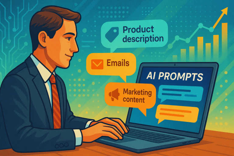 Illustration of a business professional using a laptop with AI prompts for product descriptions, emails, and marketing content flowing from the screen, symbolizing AI-powered growth