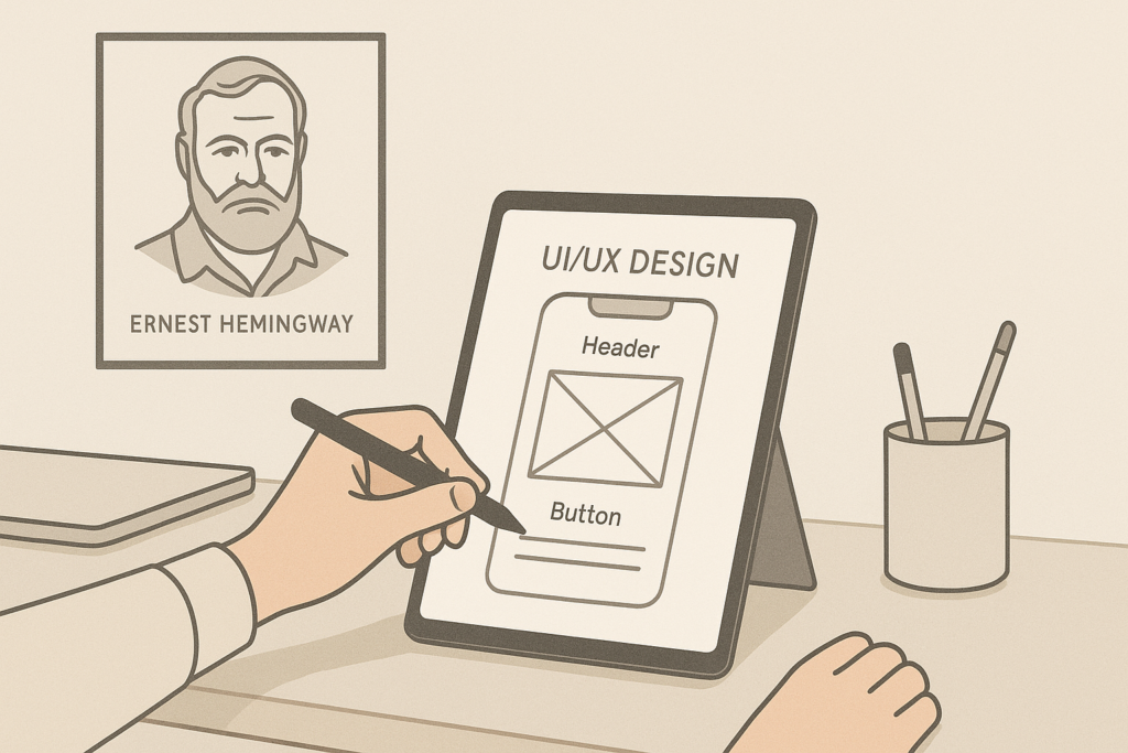 Minimalist illustration of a designer sketching a simple mobile app wireframe on a tablet, with a portrait of Ernest Hemingway on the wall, symbolizing clarity in design