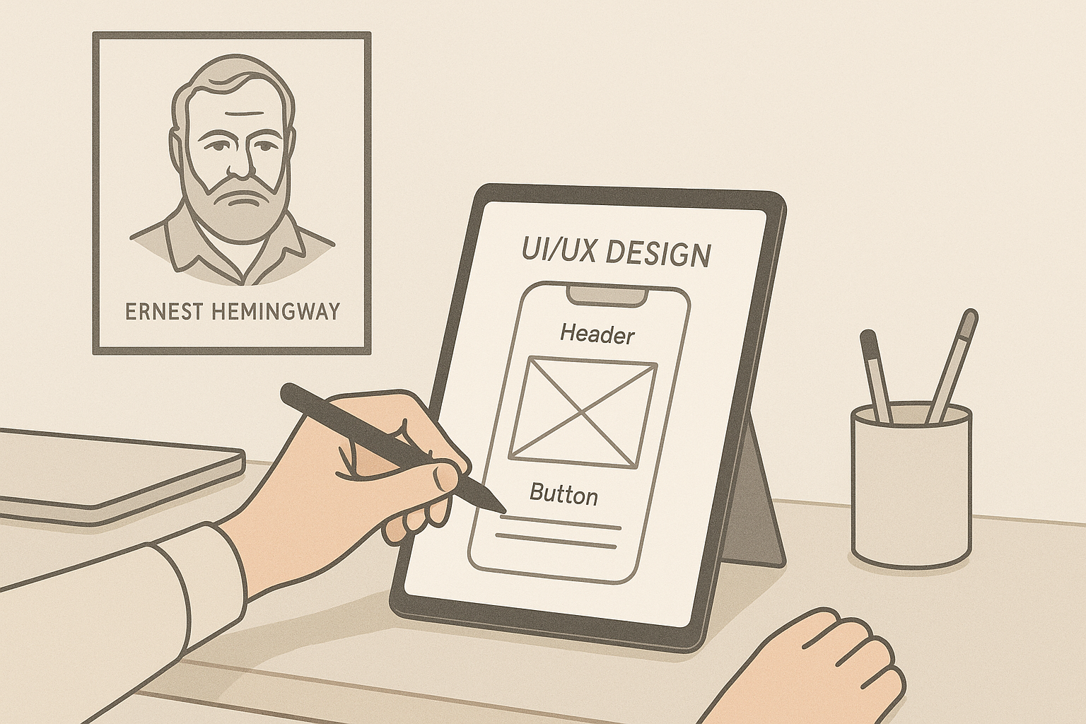 Minimalist illustration of a designer sketching a simple mobile app wireframe on a tablet, with a portrait of Ernest Hemingway on the wall, symbolizing clarity in design