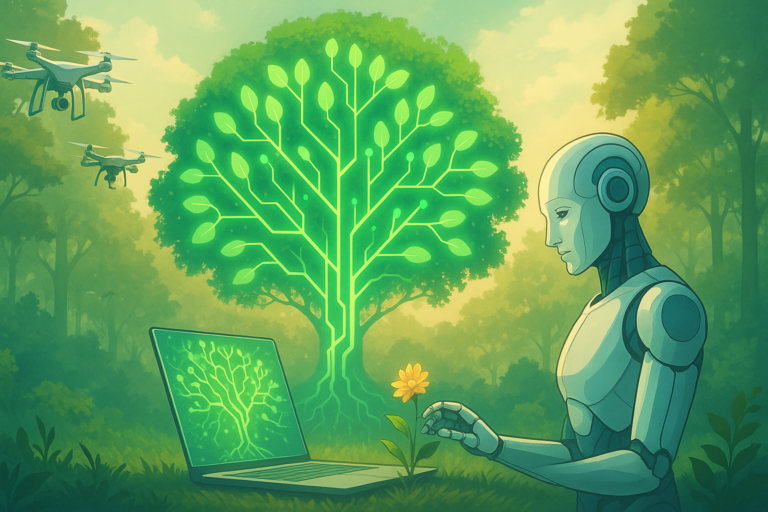 Illustration of a glowing neural network shaped like a tree with a humanoid robot touching a flower and drones monitoring a green forest, symbolizing harmony between AI and