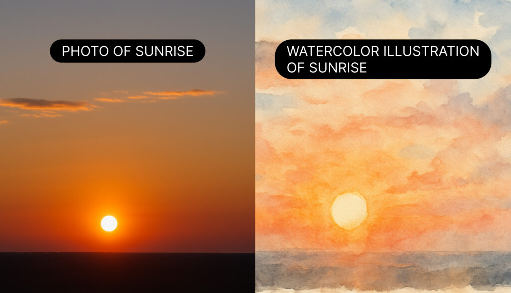 photo of sunrise watercolor V/S illustration of sunrise
